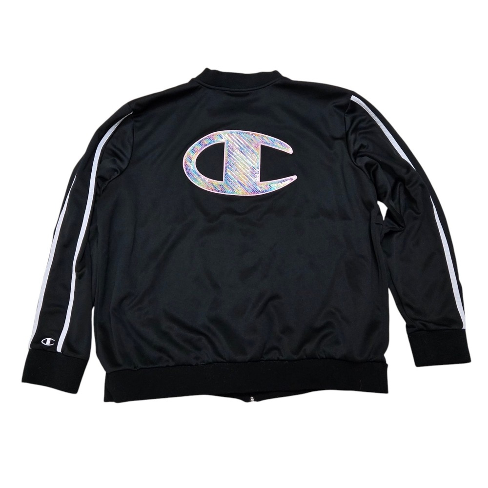 Vtg Champion Full Zip Black Track Jacket w Pink Sequined Logo On Back Womens 2XL